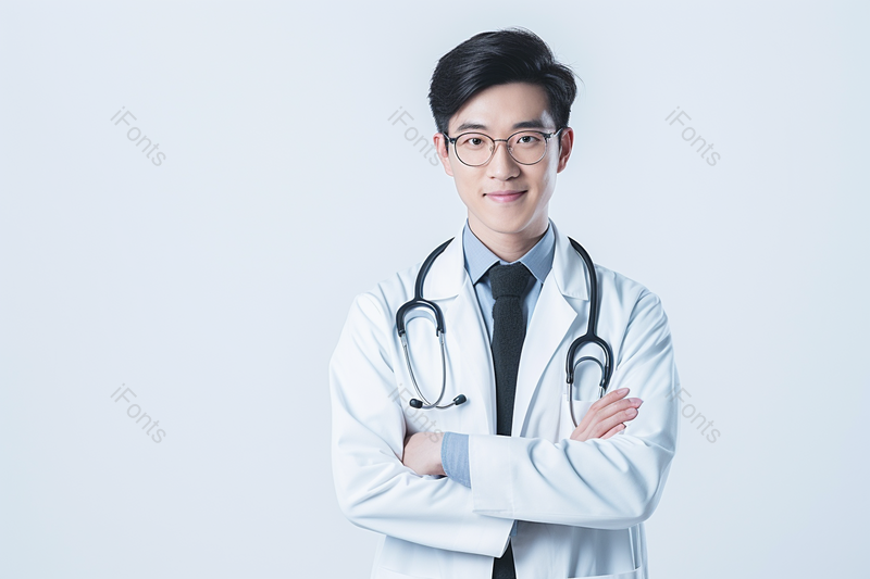 白色背景下的戴着眼镜和听诊器的年轻医生,高清,摄影图,摄影图片,图片大全,摄影图免费下载